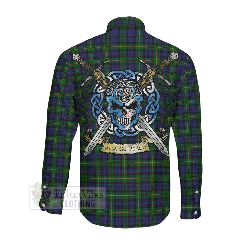 Tartan Vibes Clothing Gordon Tartan Long Sleeve Button Shirt with Family Crest Celtic Skull Style