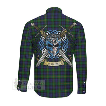 Gordon Tartan Long Sleeve Button Shirt with Family Crest Celtic Skull Style