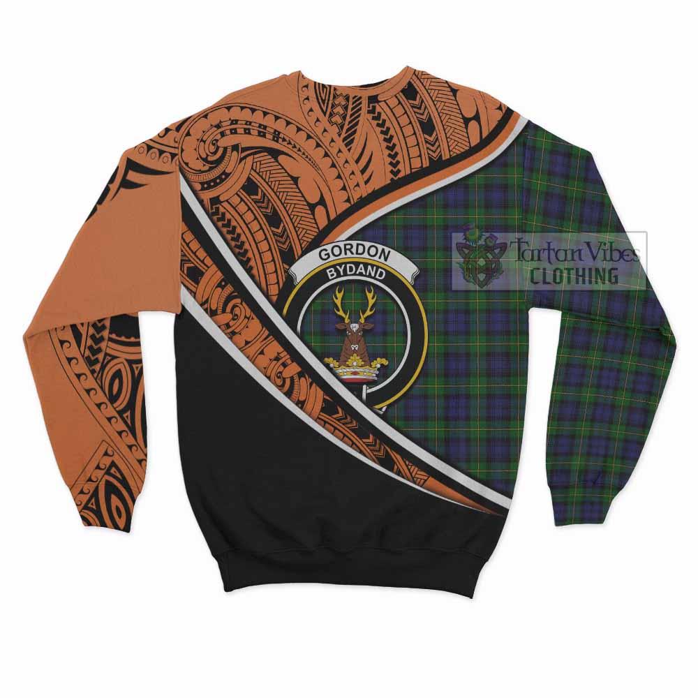 Tartan Vibes Clothing Gordon Crest Tartan Sweatshirt with Maori Tattoo Style - Orange Version