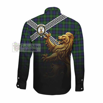 Gordon Crest Tartan Long Sleeve Button Shirt with Golden Lion Emblem Celtic Style Men's Shirt - Tartan Vibes Clothing