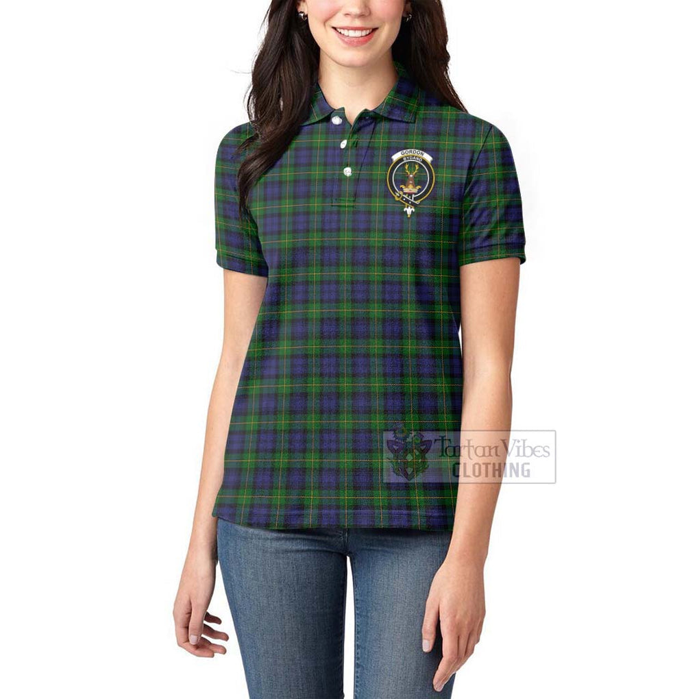 Tartan Vibes Clothing Gordon Tartan Women's Polo Shirt with Family Crest and Bearded Skull Holding Bottles of Whiskey