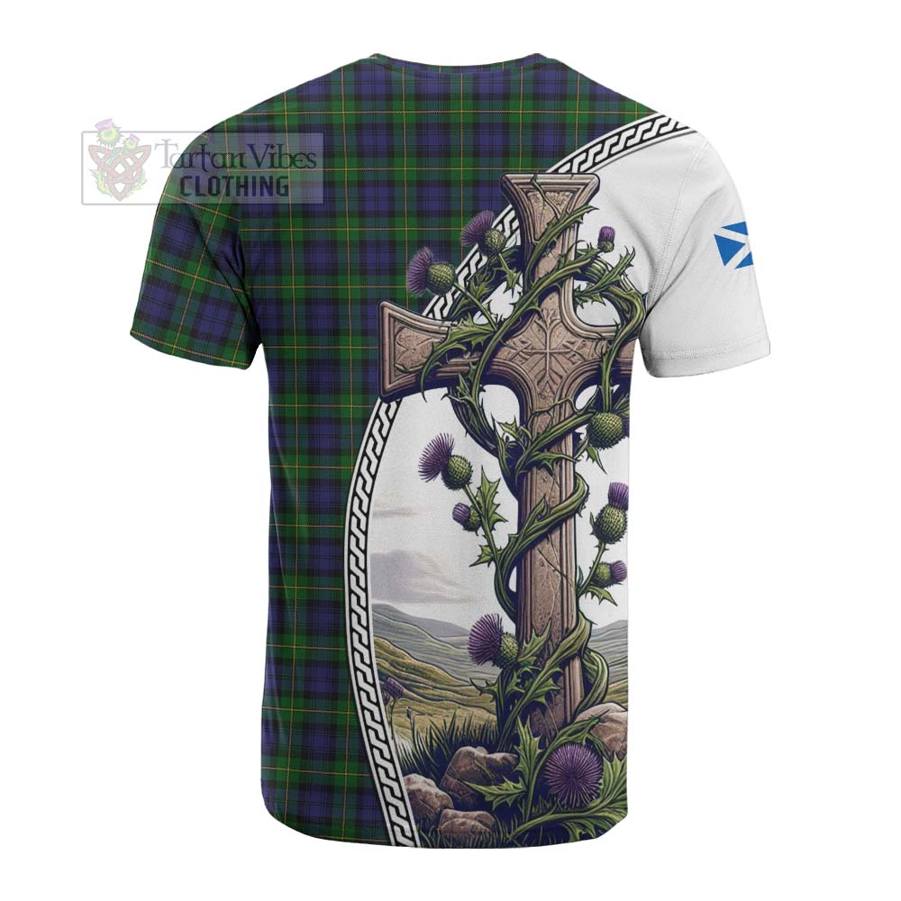 Tartan Vibes Clothing Gordon Tartan Cotton T-shirt with Family Crest and St. Andrew's Cross Accented by Thistle Vines