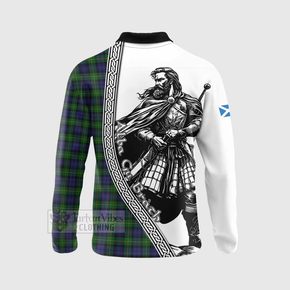 Tartan Vibes Clothing Gordon Tartan Clan Crest Long Sleeve Polo Shirt with Highlander Warrior Celtic Style