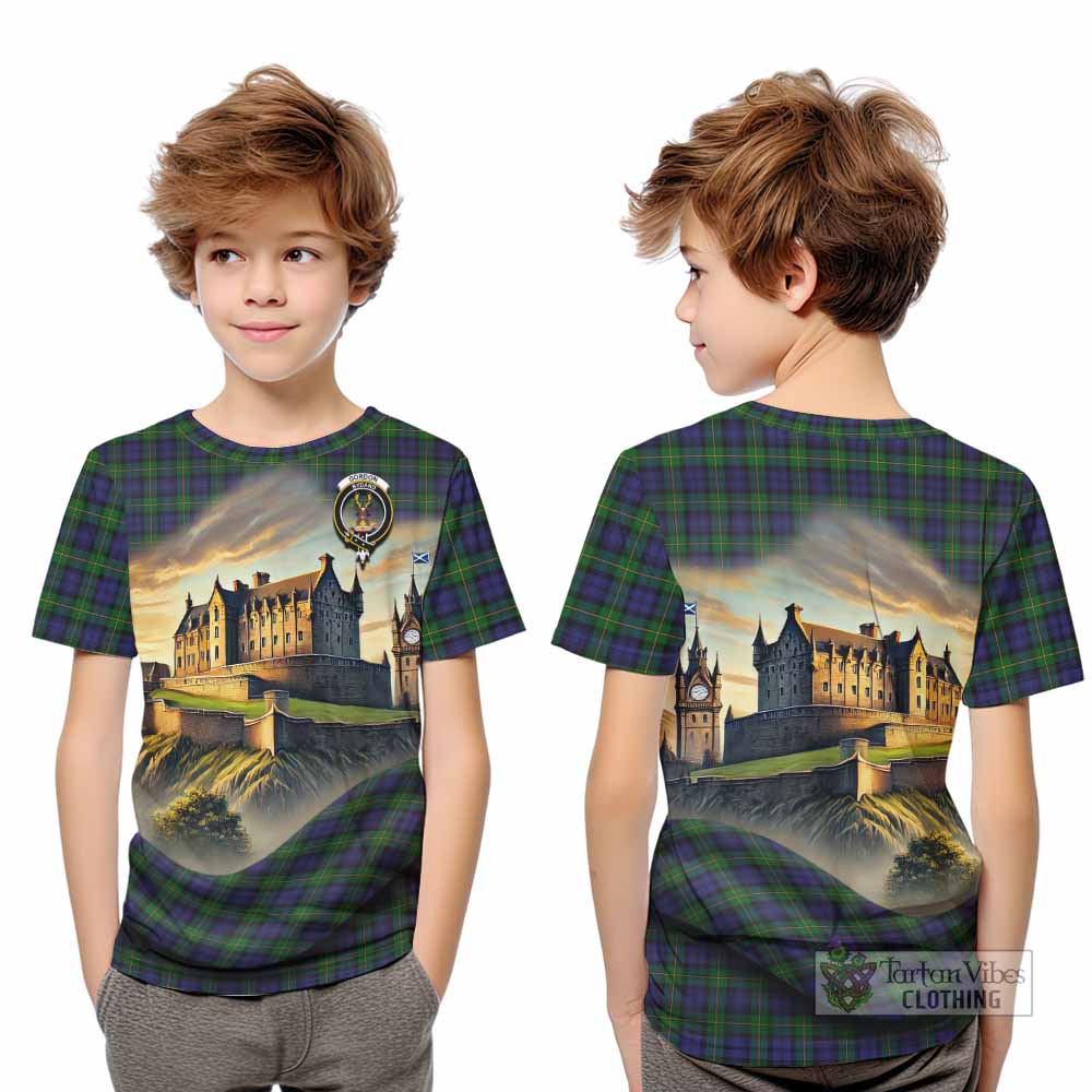 Gordon Tartan Family Crest Kid T-Shirt with Scottish Ancient Castle Style - Tartan Vibes Clothing
