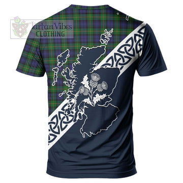 Gordon Tartan T-Shirt Featuring Thistle and Scotland Map