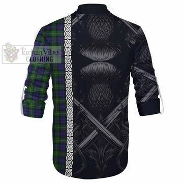 Gordon Tartan Ghillie Kilt Shirt with Family Crest Cross Sword Thistle Celtic Vibes - Tartan Vibes Clothing