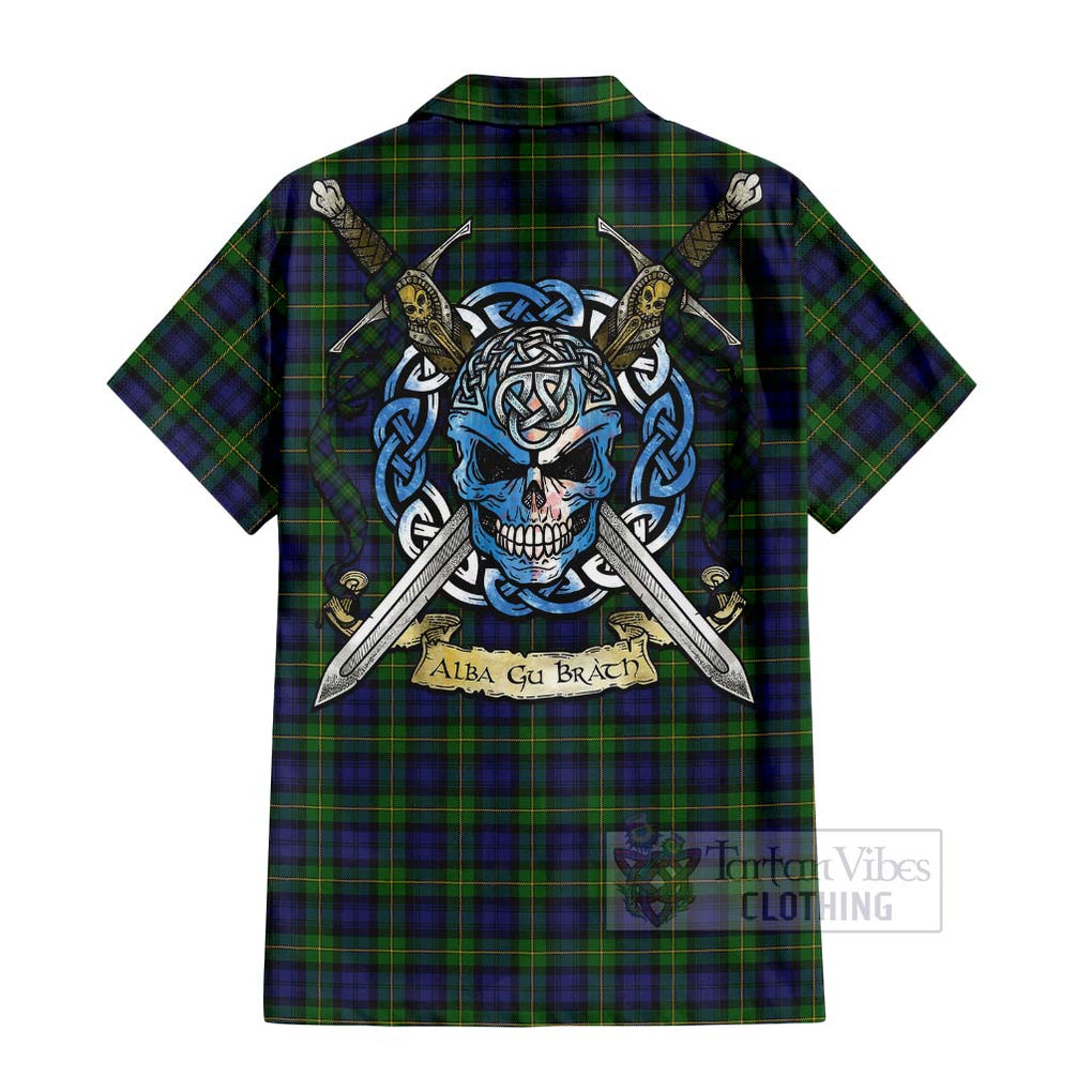 Tartan Vibes Clothing Gordon Tartan Short Sleeve Button Shirt with Family Crest Celtic Skull Style