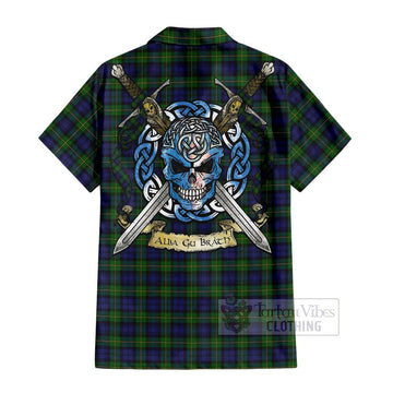 Gordon Tartan Short Sleeve Button Shirt with Family Crest Celtic Skull Style