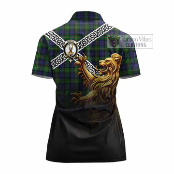Gordon Crest Tartan Women's Polo Shirt with Golden Lion Emblem Celtic Style - Tartan Vibes Clothing