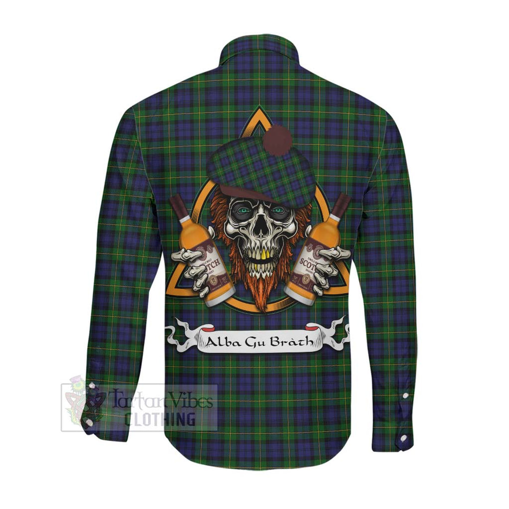 Tartan Vibes Clothing Gordon Tartan Long Sleeve Button Shirt with Family Crest and Bearded Skull Holding Bottles of Whiskey