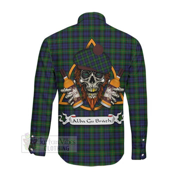 Gordon Tartan Long Sleeve Button Shirt with Family Crest and Bearded Skull Holding Bottles of Whiskey