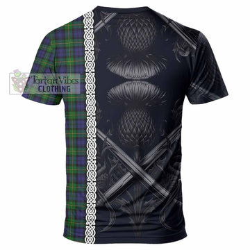 Gordon Tartan T-Shirt with Family Crest Cross Sword Thistle Celtic Vibes