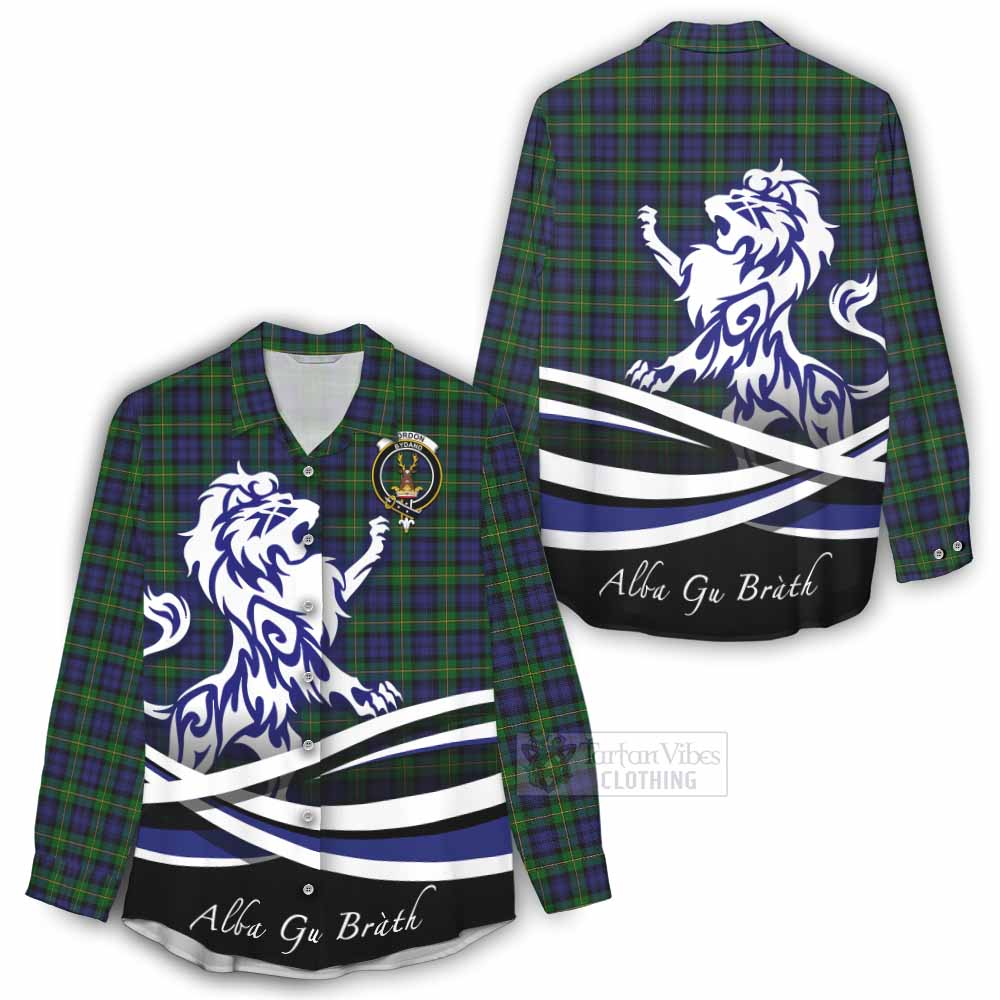 Tartan Vibes Clothing Gordon Tartan Women's Casual Shirt with Alba Gu Brath Regal Lion Emblem