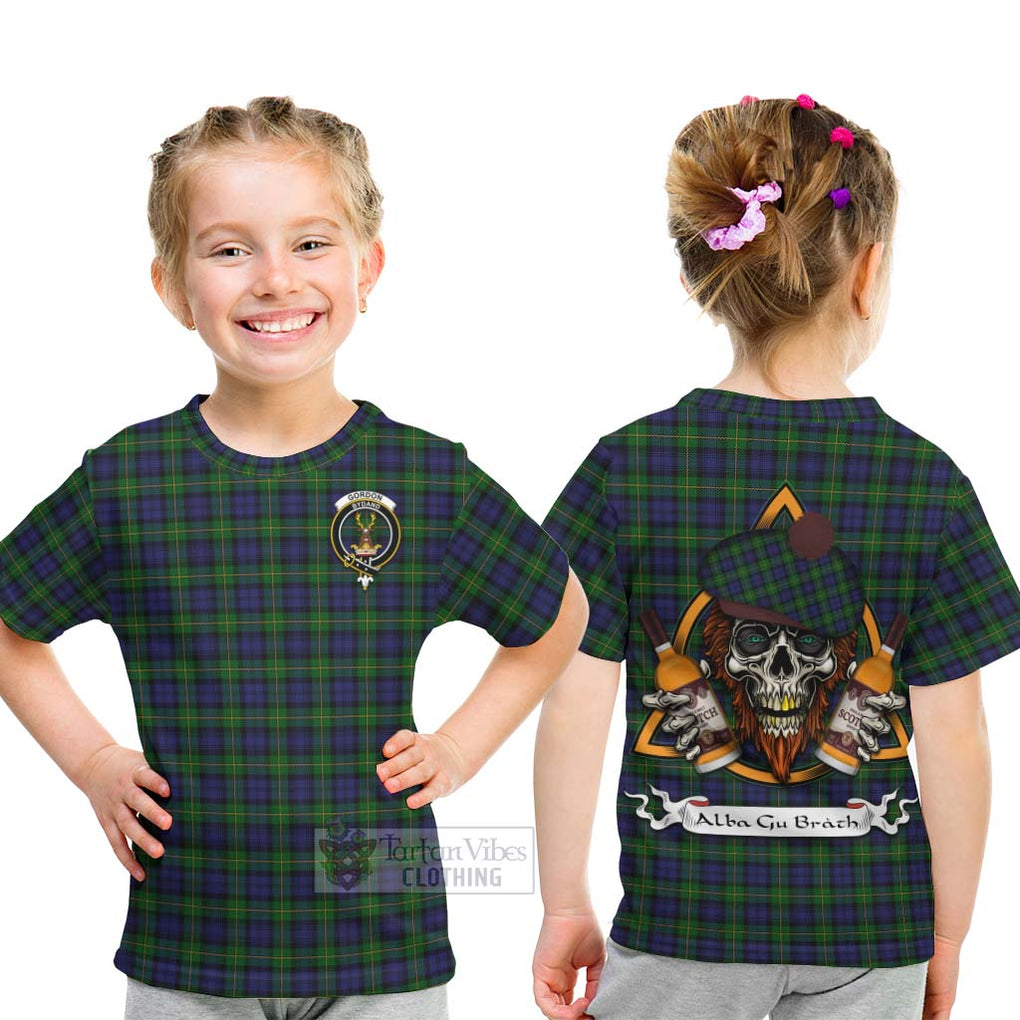 Tartan Vibes Clothing Gordon Tartan Kid T-Shirt with Family Crest and Bearded Skull Holding Bottles of Whiskey