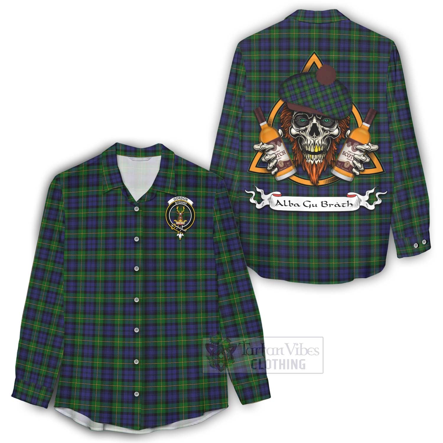 Tartan Vibes Clothing Gordon Tartan Women's Casual Shirt with Family Crest and Bearded Skull Holding Bottles of Whiskey