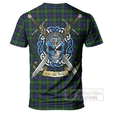 Gordon Tartan T-Shirt with Family Crest Celtic Skull Style