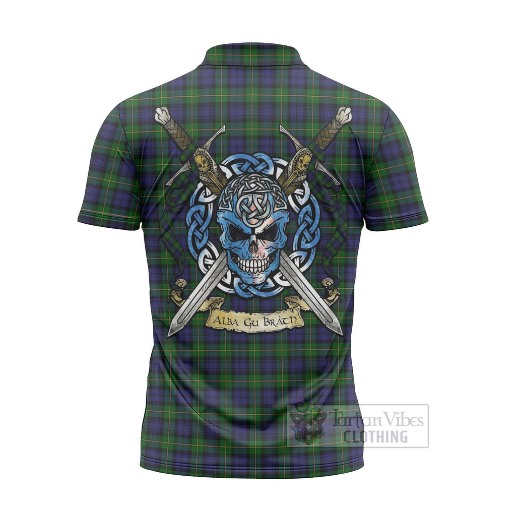 Tartan Vibes Clothing Gordon Tartan Zipper Polo Shirt with Family Crest Celtic Skull Style