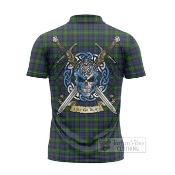 Gordon Tartan Zipper Polo Shirt with Family Crest Celtic Skull Style