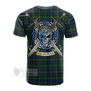 Gordon Tartan Cotton T-shirt with Family Crest Celtic Skull Style