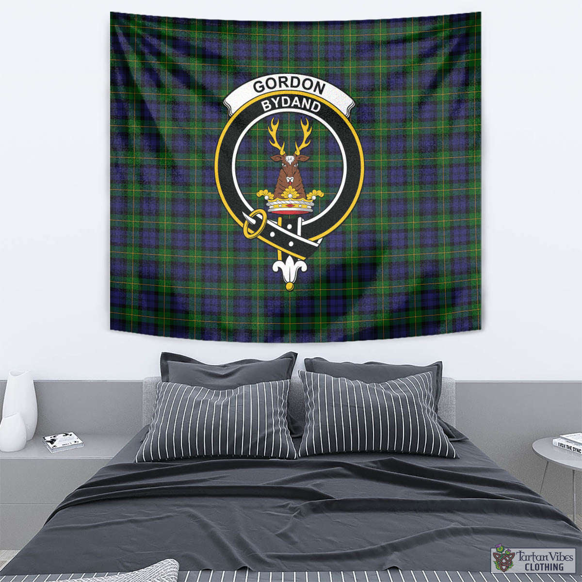 Tartan Vibes Clothing Gordon Tartan Tapestry Wall Hanging and Home Decor for Room with Family Crest