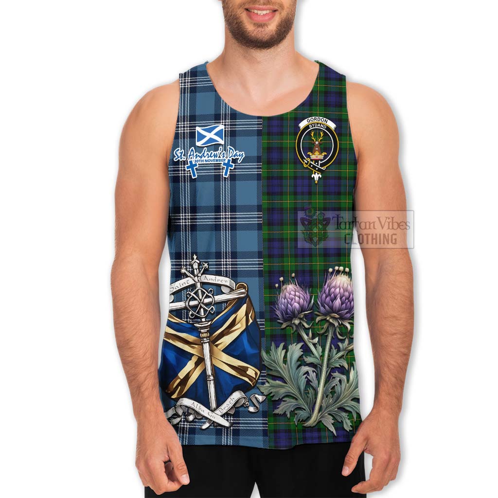 Tartan Vibes Clothing Gordon Tartan Men's Tank Top Happy St. Andrew's Day Half Tartan Style