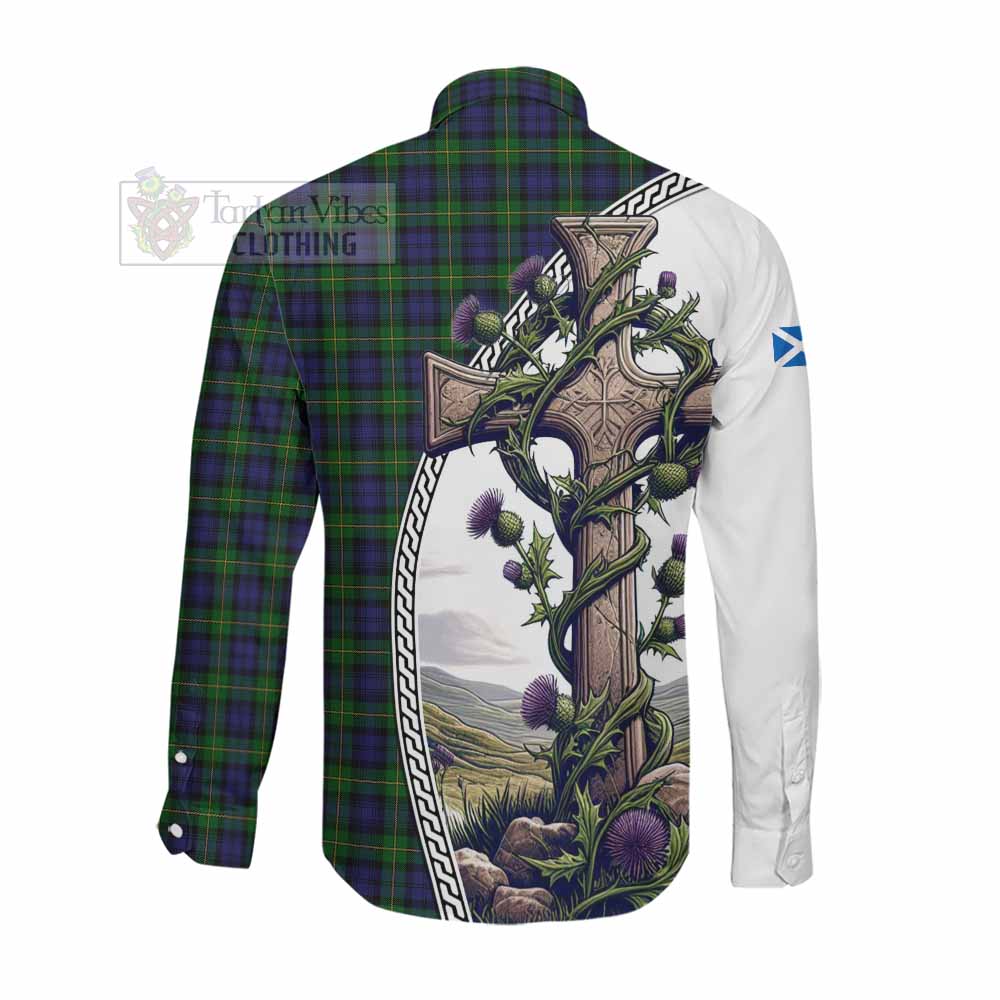 Tartan Vibes Clothing Gordon Tartan Long Sleeve Button Shirt with Family Crest and St. Andrew's Cross Accented by Thistle Vines