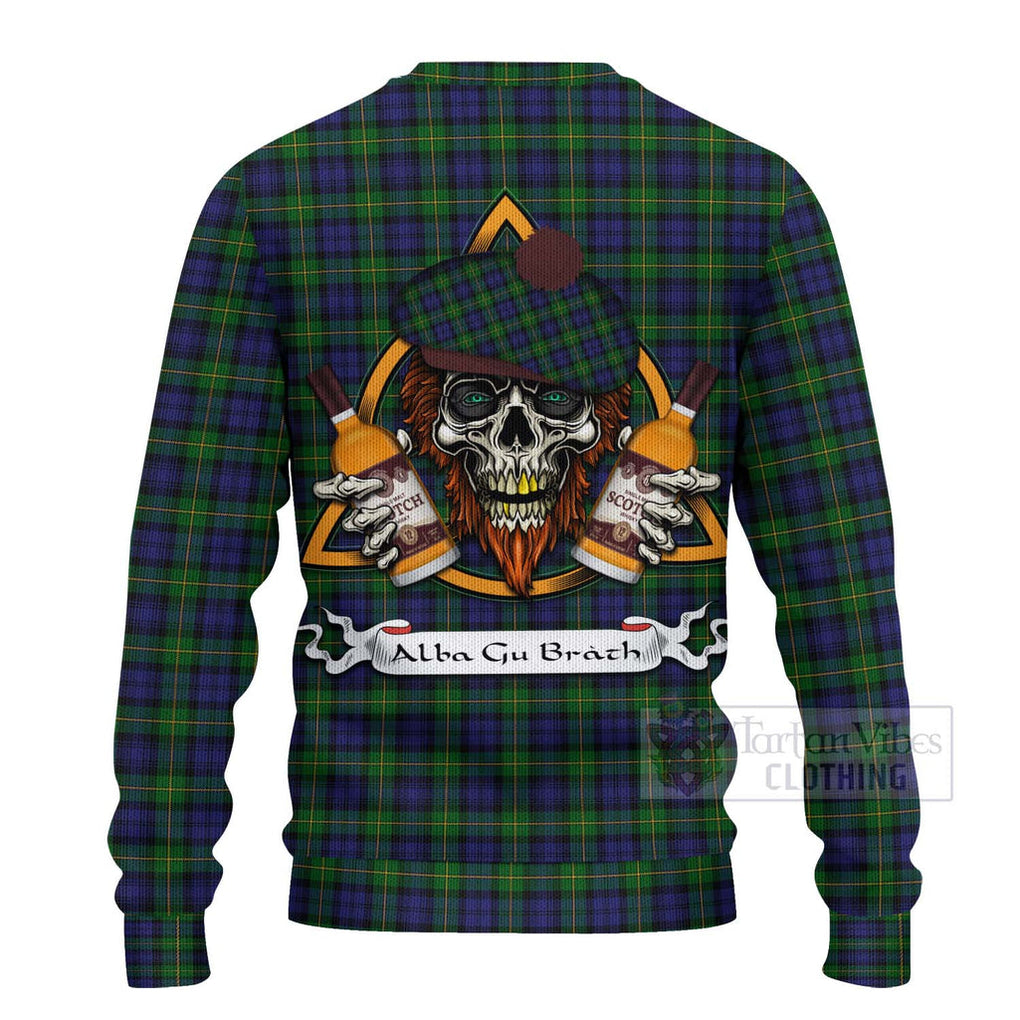 Tartan Vibes Clothing Gordon Tartan Knitted Sweater with Family Crest and Bearded Skull Holding Bottles of Whiskey