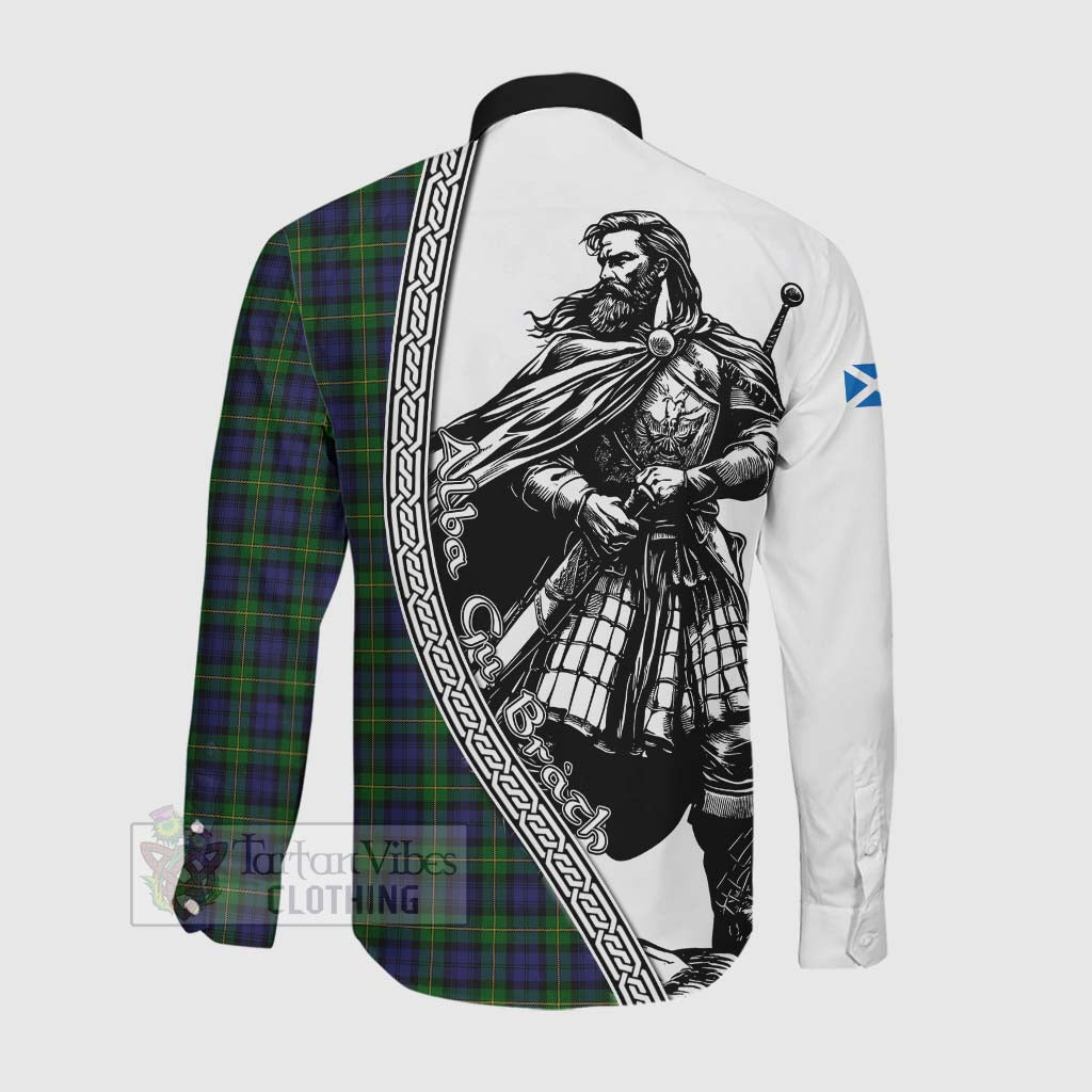 Tartan Vibes Clothing Gordon Tartan Clan Crest Long Sleeve Button Shirt with Highlander Warrior Celtic Style