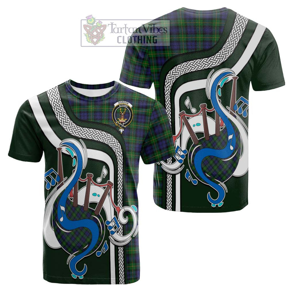 Tartan Vibes Clothing Gordon Tartan Cotton T-shirt with Epic Bagpipe Style