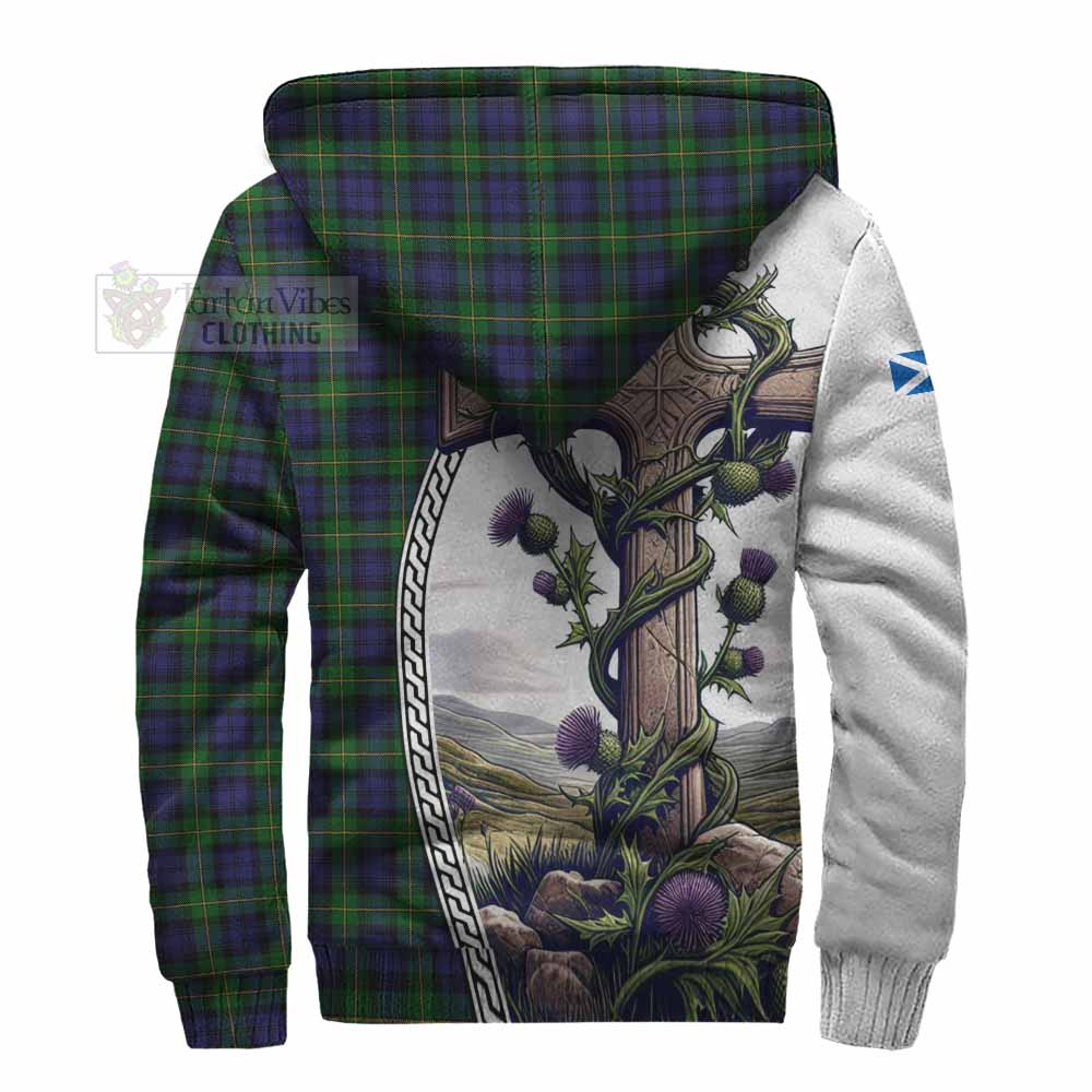 Tartan Vibes Clothing Gordon Tartan Sherpa Hoodie with Family Crest and St. Andrew's Cross Accented by Thistle Vines