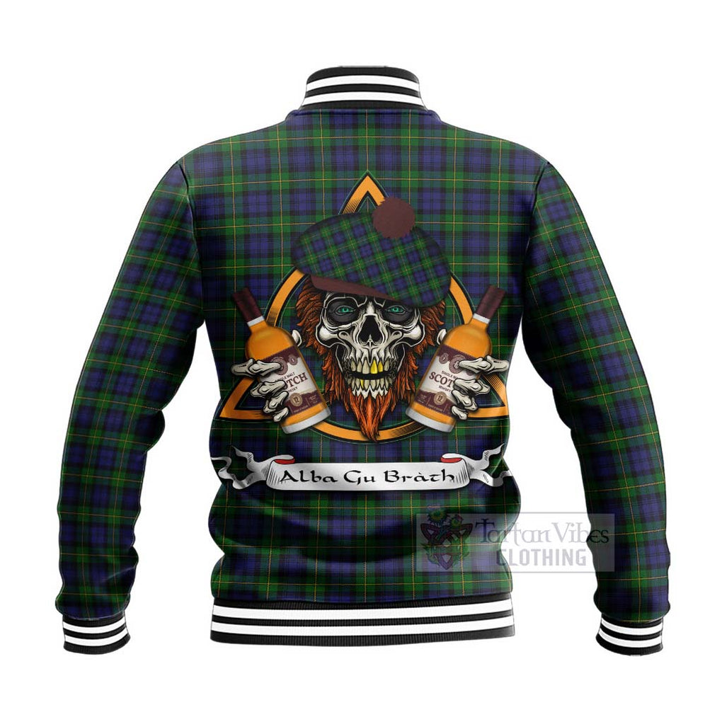 Tartan Vibes Clothing Gordon Tartan Baseball Jacket with Family Crest and Bearded Skull Holding Bottles of Whiskey