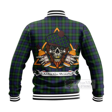 Gordon Tartan Baseball Jacket with Family Crest and Bearded Skull Holding Bottles of Whiskey