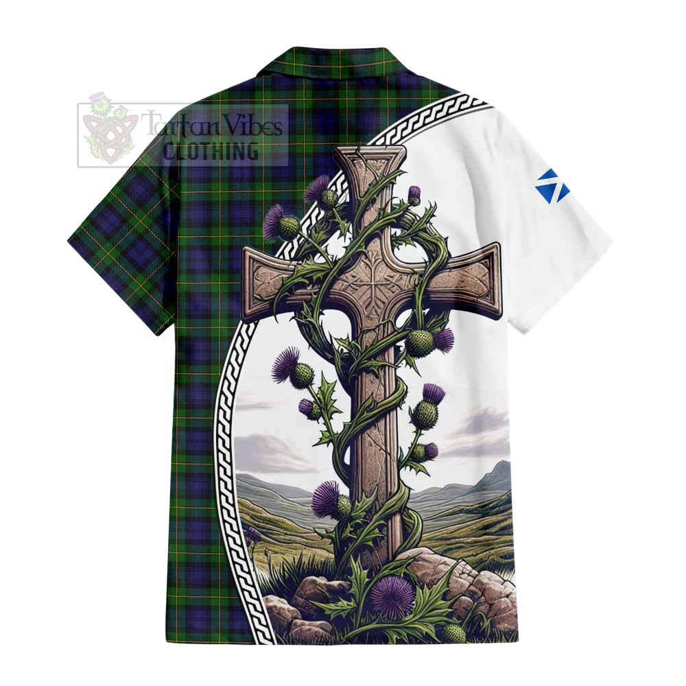 Tartan Vibes Clothing Gordon Tartan Short Sleeve Button Shirt with Family Crest and St. Andrew's Cross Accented by Thistle Vines