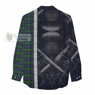 Gordon Tartan Women's Casual Shirt with Family Crest Cross Sword Thistle Celtic Vibes - Tartan Vibes Clothing