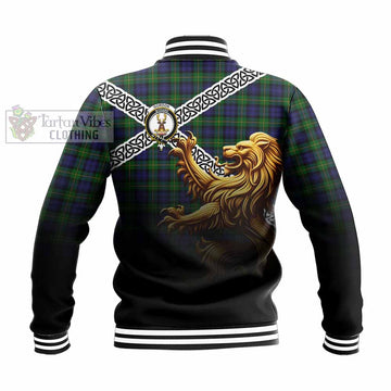 Gordon Crest Tartan Baseball Jacket with Golden Lion Emblem Celtic Style - Tartan Vibes Clothing