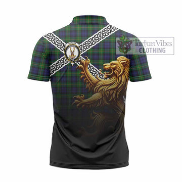 Gordon Crest Tartan Zipper Polo Shirt with Golden Lion Emblem Celtic Style - Tartan Vibes Clothing