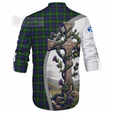 Gordon Tartan Ghillie Kilt Shirt with Family Crest and St. Andrew's Cross Accented by Thistle Vines