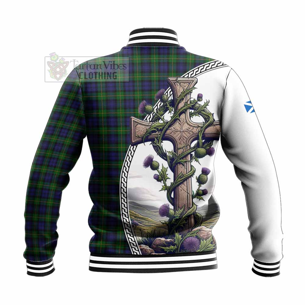 Tartan Vibes Clothing Gordon Tartan Baseball Jacket with Family Crest and St. Andrew's Cross Accented by Thistle Vines