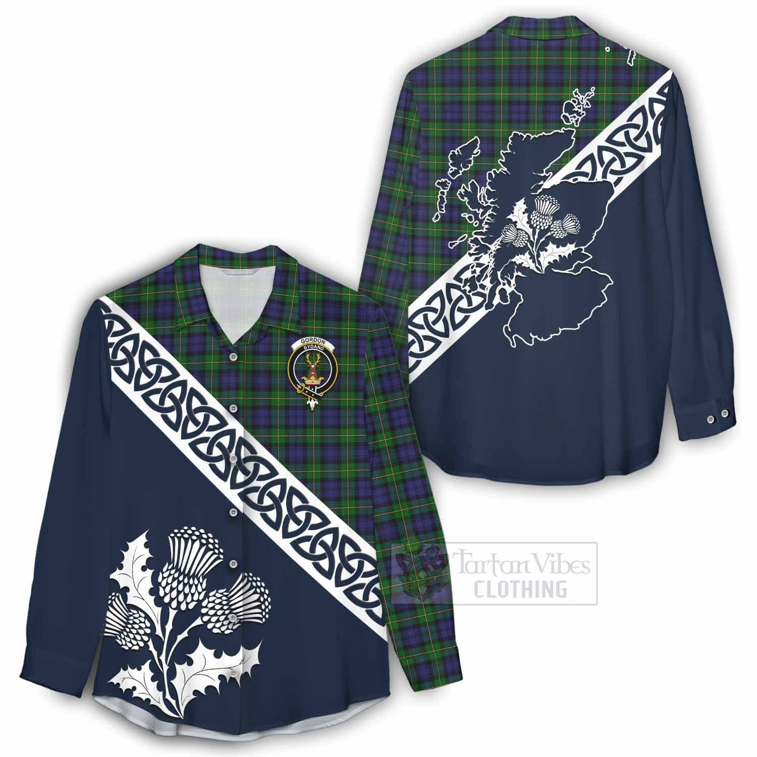 Tartan Vibes Clothing Gordon Tartan Women's Casual Shirt Featuring Thistle and Scotland Map