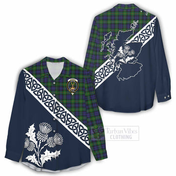 Gordon Tartan Women's Casual Shirt Featuring Thistle and Scotland Map