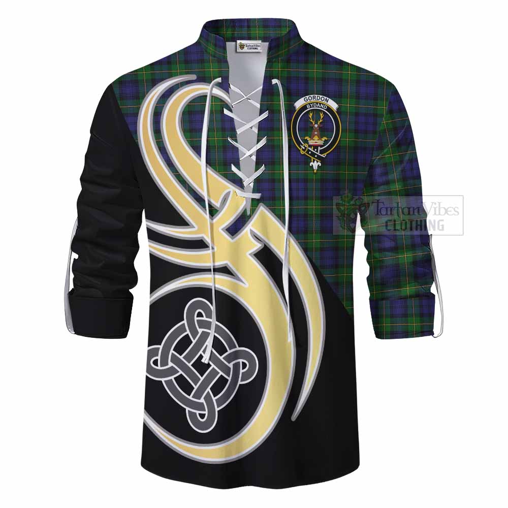 Tartan Vibes Clothing Gordon Tartan Ghillie Kilt Shirt with Family Crest and Celtic Symbol Style