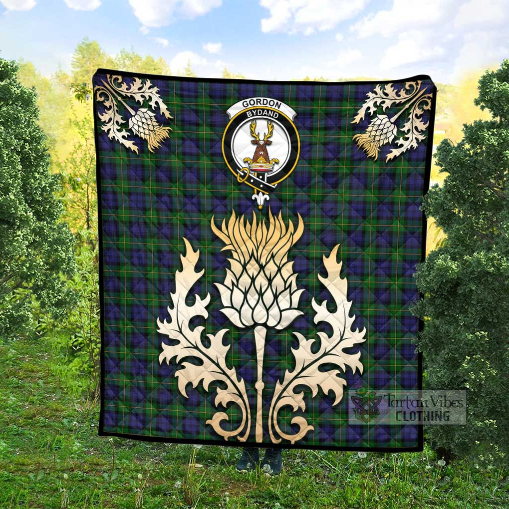 Tartan Vibes Clothing Gordon Tartan Quilt with Family Crest and Golden Thistle Style