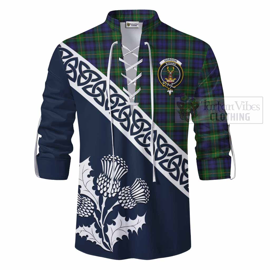 Tartan Vibes Clothing Gordon Tartan Ghillie Kilt Shirt Featuring Thistle and Scotland Map