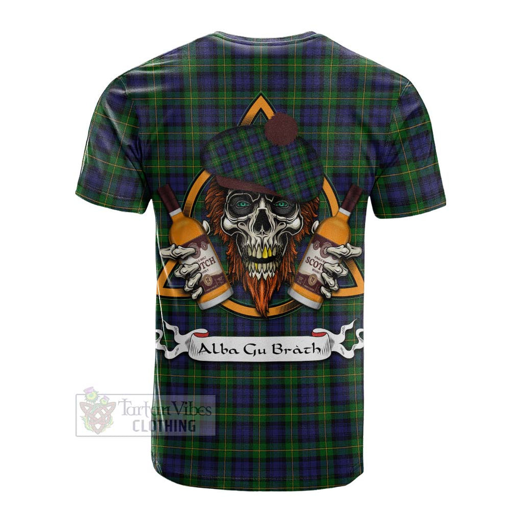 Tartan Vibes Clothing Gordon Tartan Cotton T-shirt with Family Crest and Bearded Skull Holding Bottles of Whiskey