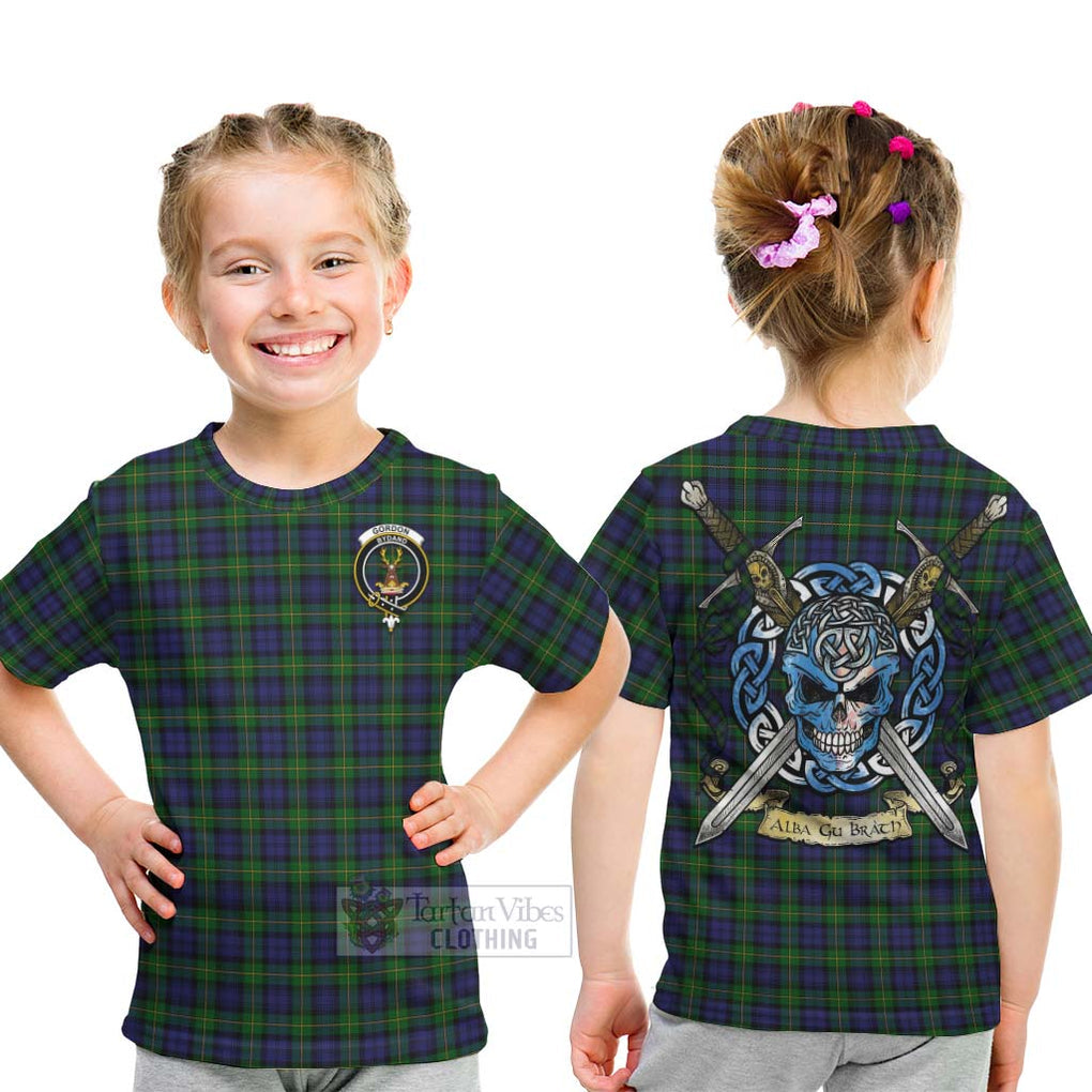 Tartan Vibes Clothing Gordon Tartan Kid T-Shirt with Family Crest Celtic Skull Style