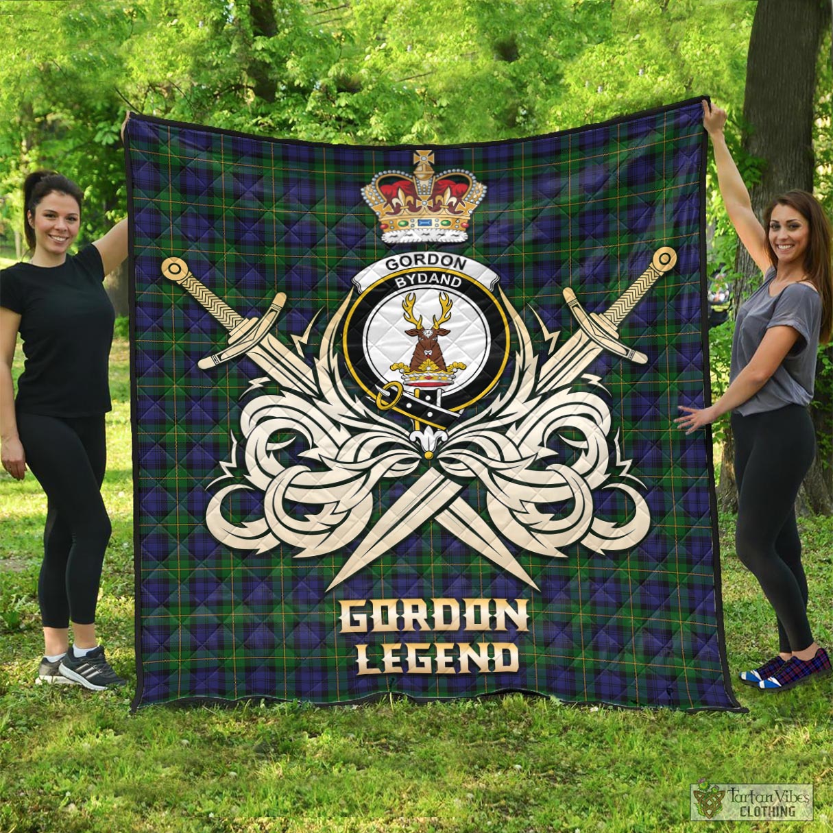 Tartan Vibes Clothing Gordon Tartan Quilt with Clan Crest and the Golden Sword of Courageous Legacy