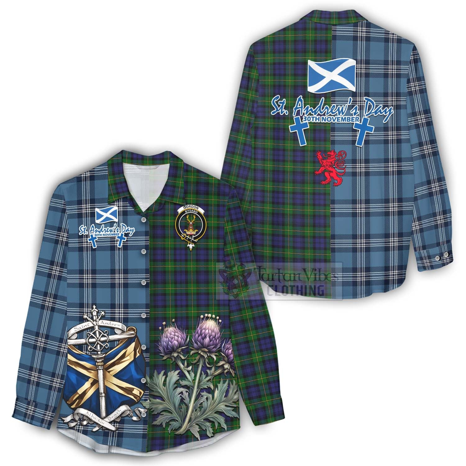 Tartan Vibes Clothing Gordon Tartan Women's Casual Shirt Happy St. Andrew's Day Half Tartan Style