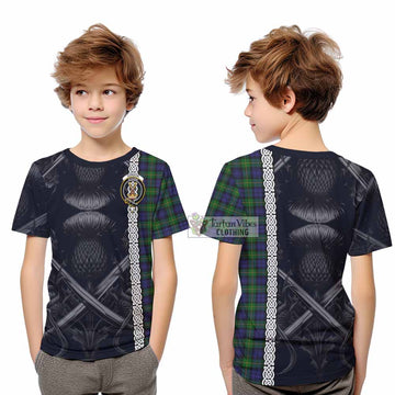 Gordon Tartan Kid T-Shirt with Family Crest Cross Sword Thistle Celtic Vibes - Tartan Vibes Clothing