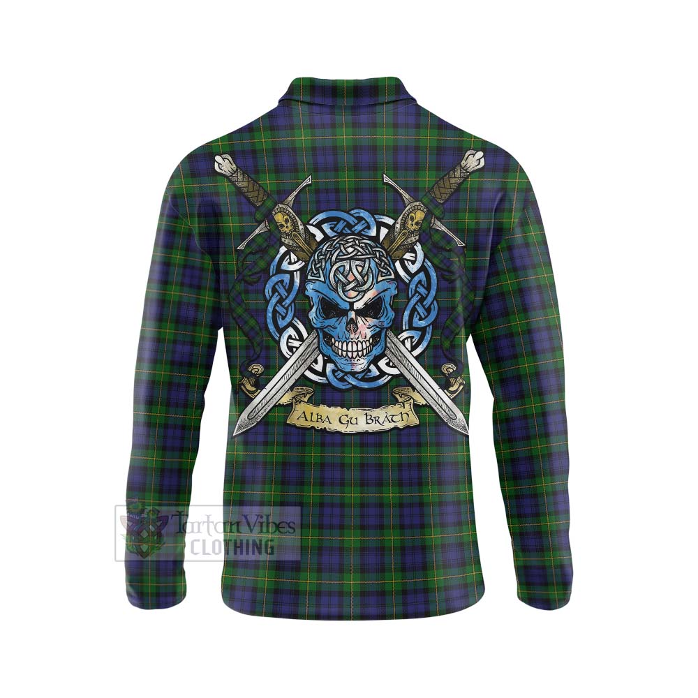 Tartan Vibes Clothing Gordon Tartan Long Sleeve Polo Shirt with Family Crest Celtic Skull Style