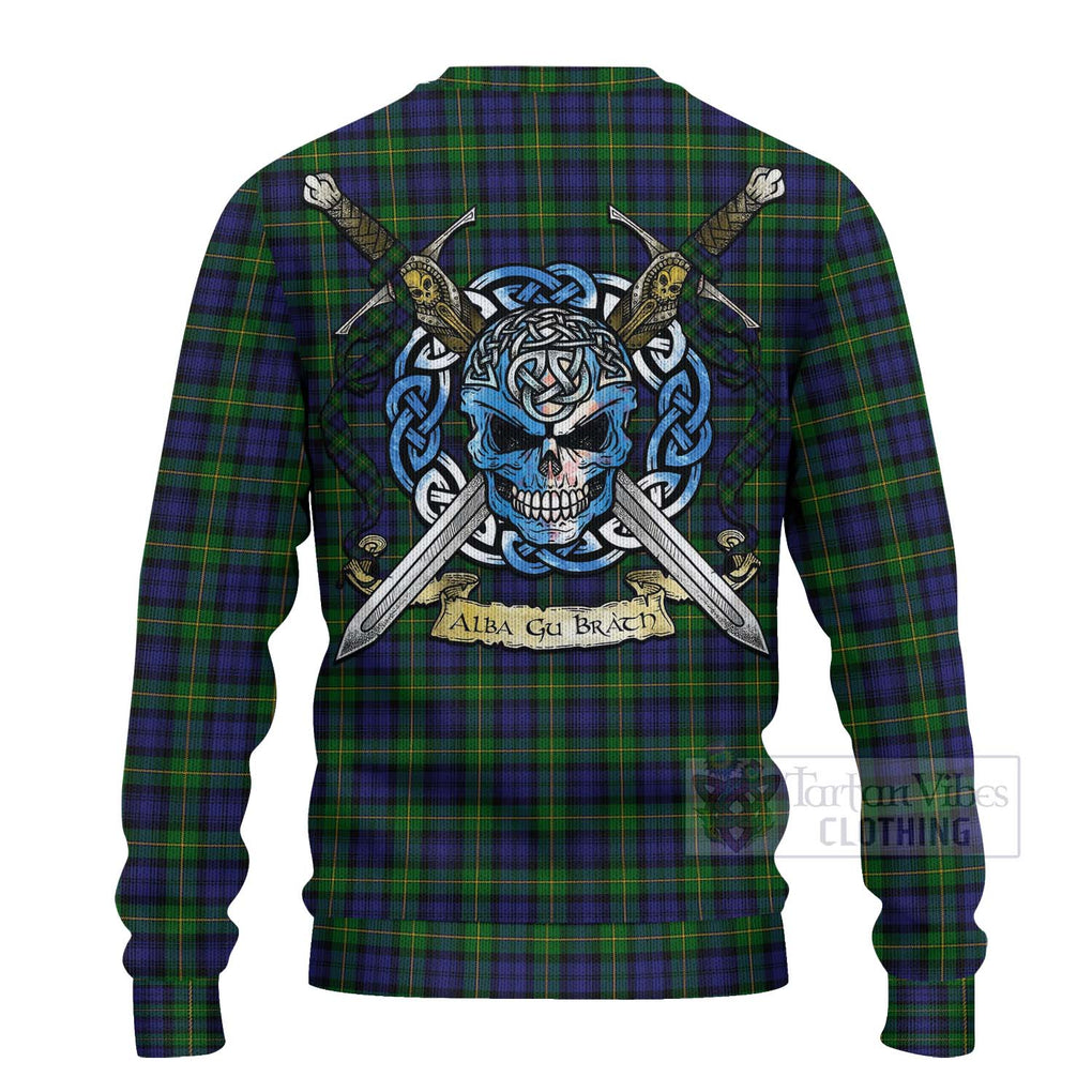 Tartan Vibes Clothing Gordon Tartan Knitted Sweater with Family Crest Celtic Skull Style